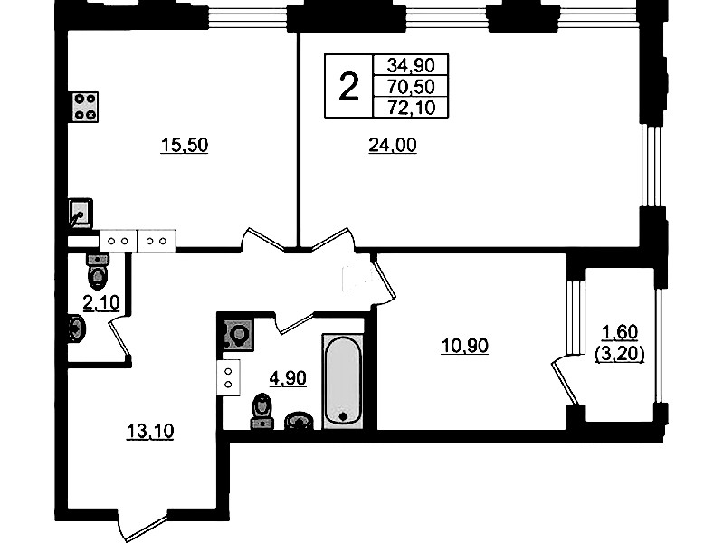 2-комнатная квартира 72.1 м², 4/13 эт., ЖК «Тайм Сквер»